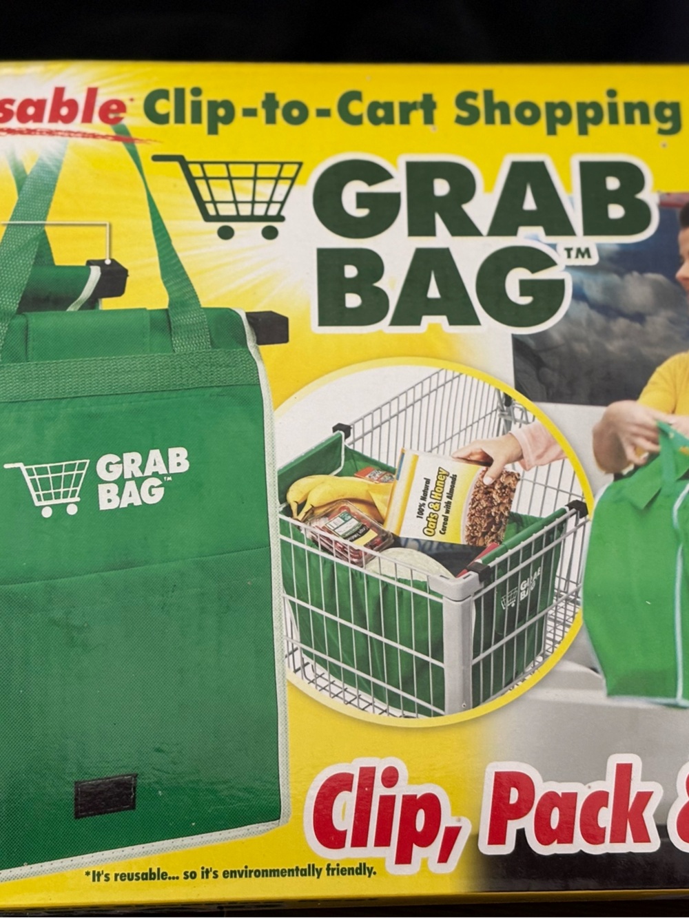 Reusable shopping bags clip to grocery cart storage/organization Eco-conscious